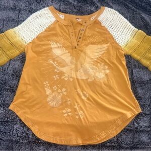Free People Mustard Crochet Sleeve Top